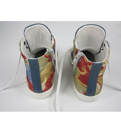 Deluxe handmade sneakers blue leather decorated fabric.